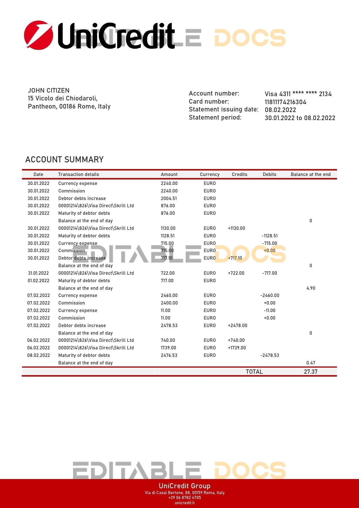 Italy Unicredit bank statement template in .doc and .pdf format, fully editable