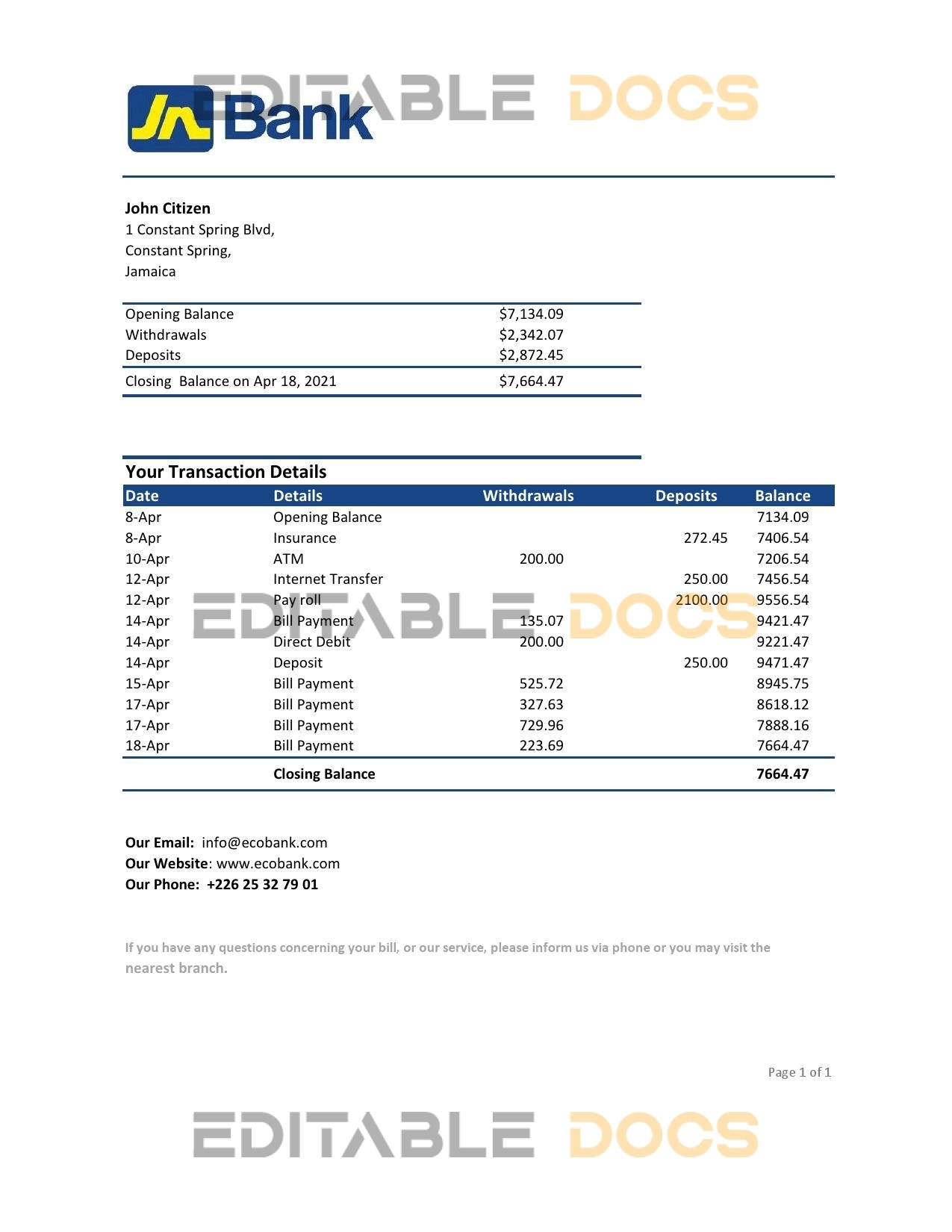 Jamaica National Bank statement easy to fill template in .xls and .pdf file format