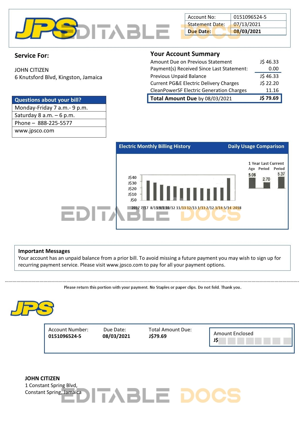 USA California PG&E electricity utility bill template in Word and PDF format