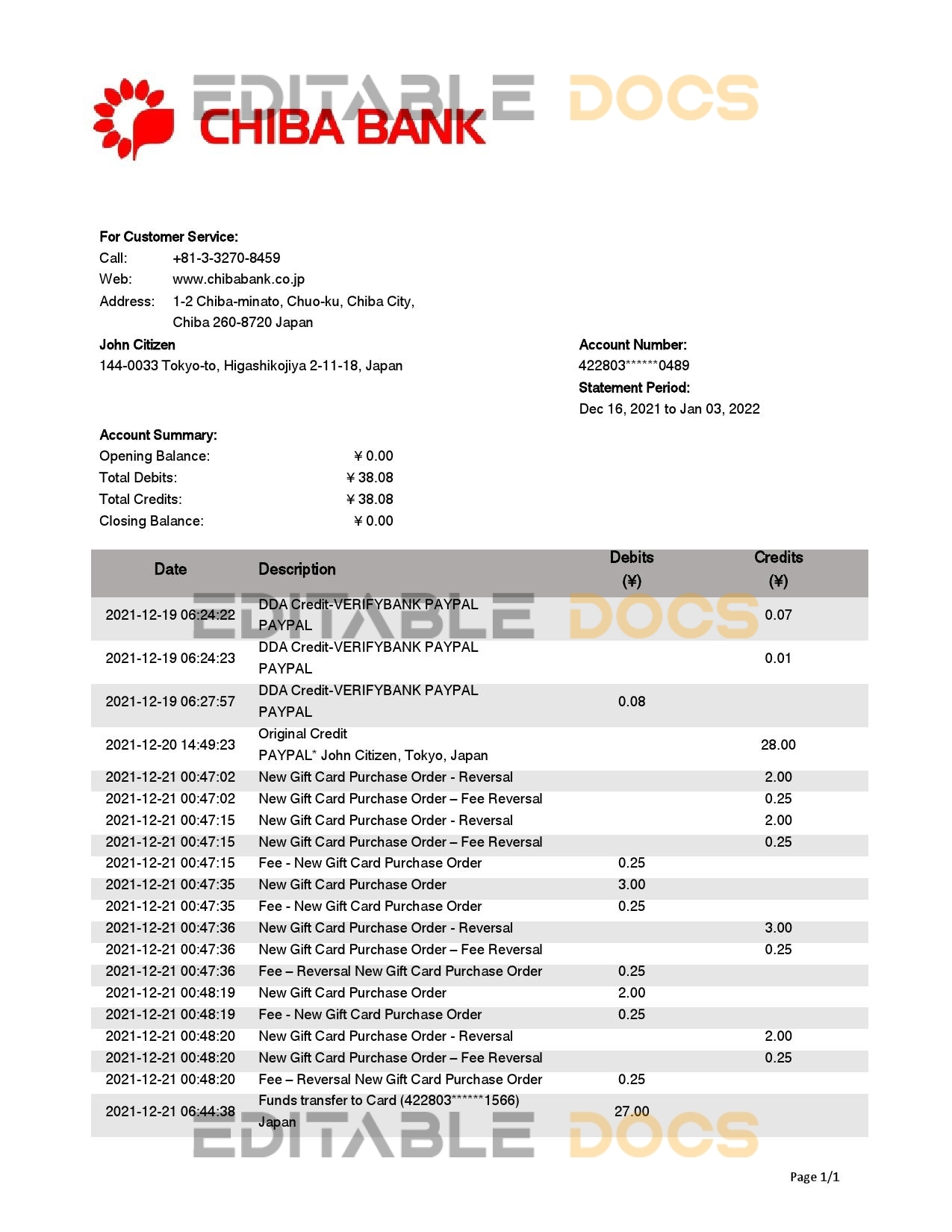 Japan Chiba bank statement template in Word and PDF format