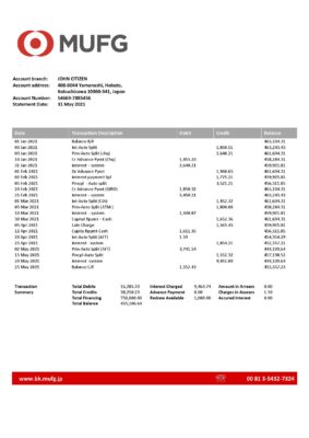 Japan MUFG bank statement template in Word and PDF format