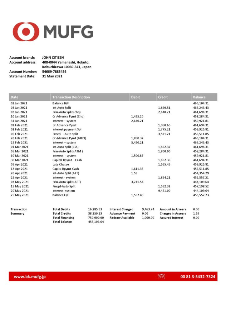 Japan MUFG bank statement template in Word and PDF format
