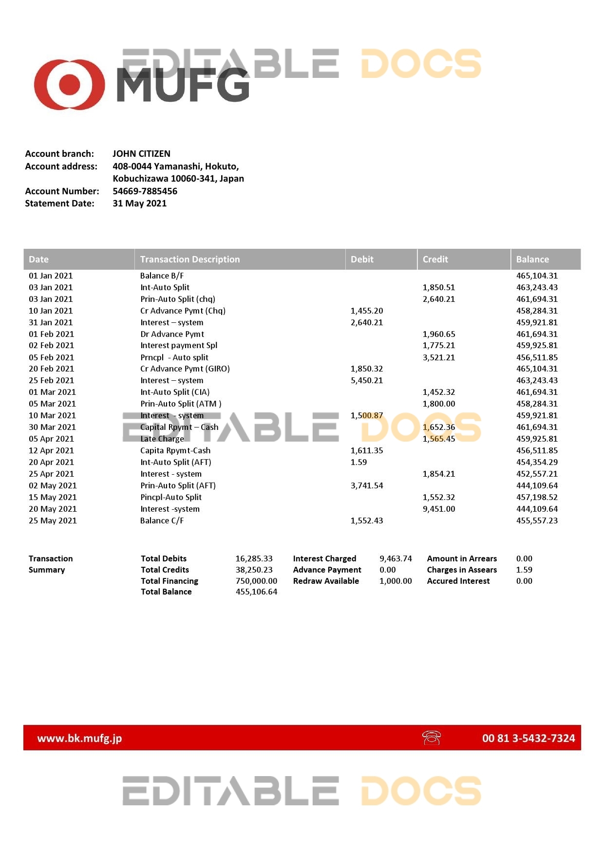 Japan MUFG bank statement template in Word and PDF format