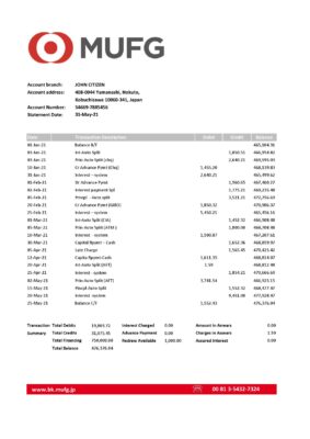 Japan MUFG bank statement template in Excel and PDF format