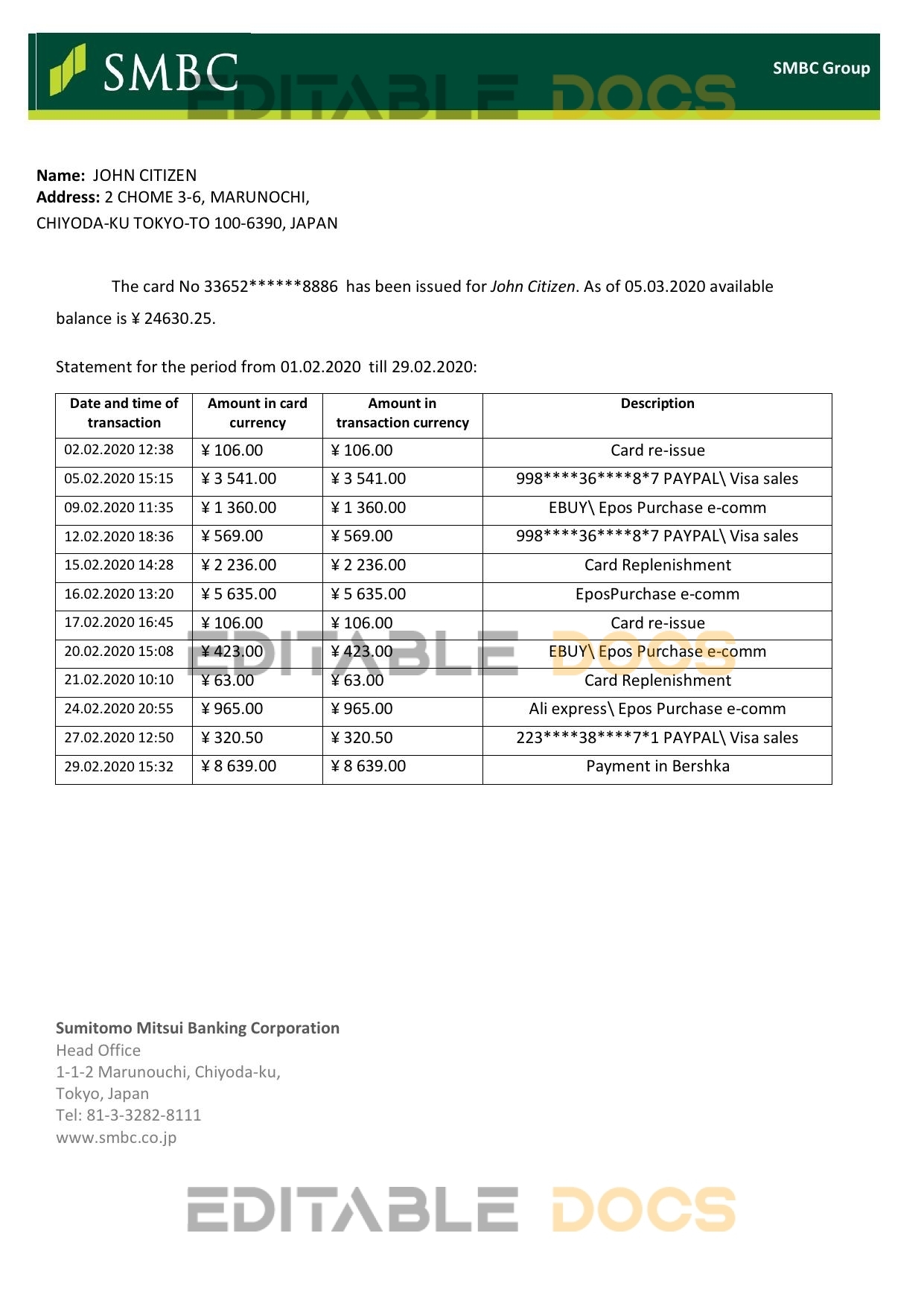 Japan Sumitomo Mitsui Banking Corporation (SMBC) bank statement template in Word and PDF format