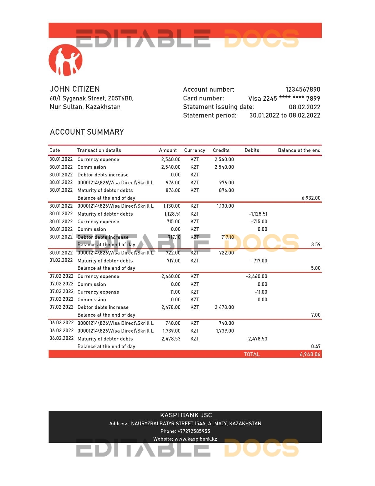 Kazakhstan Kaspi bank statement Excel and PDF template