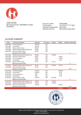 Kazakhstan Kaspi Bank statement template in Word and PDF format