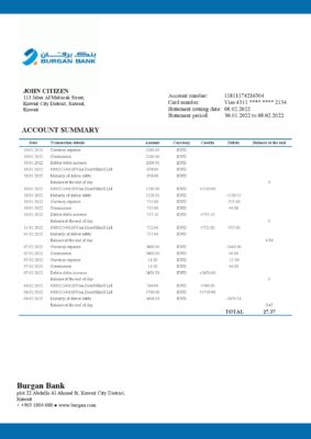 Kuwait Burgan Bank statement template in Word and PDF format