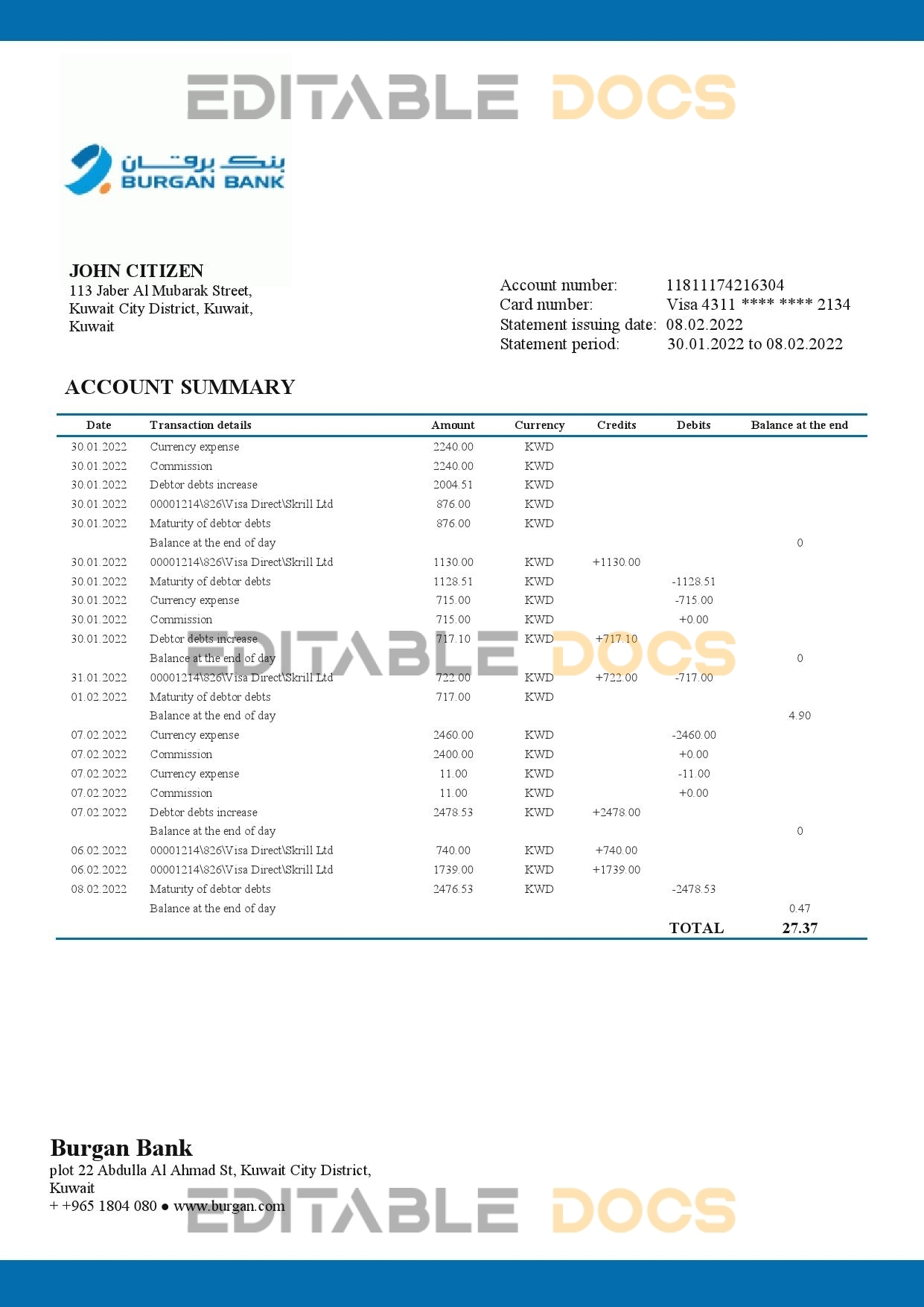 Kuwait Burgan Bank statement template in Word and PDF format