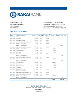 Kyrgyzstan OJSC Bakai Bank statement easy to fill template in Excel and PDF format