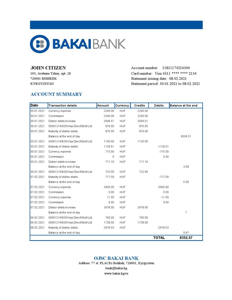 Kyrgyzstan OJSC Bakai Bank statement easy to fill template in Excel and PDF format
