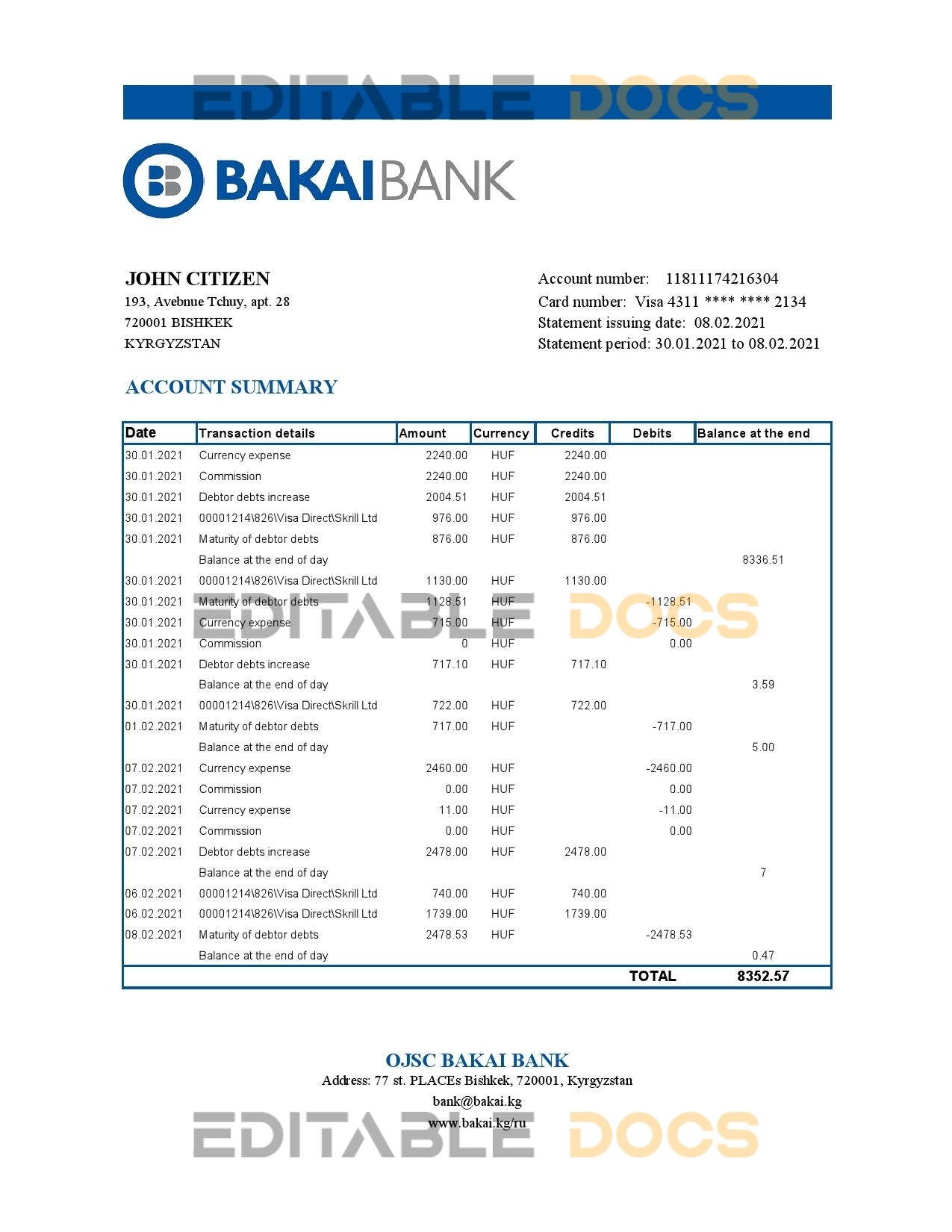 Kyrgyzstan OJSC Bakai Bank statement easy to fill template in Excel and PDF format