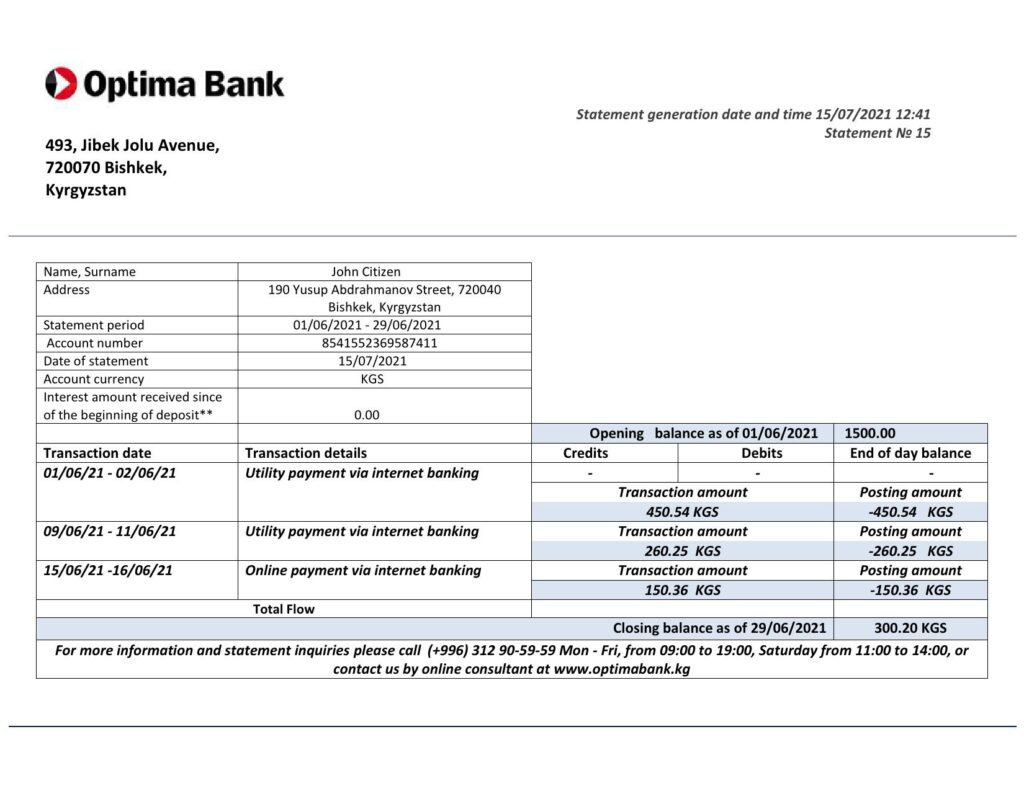 Kyrgyzstan Optima Bank statement template in Word and PDF format