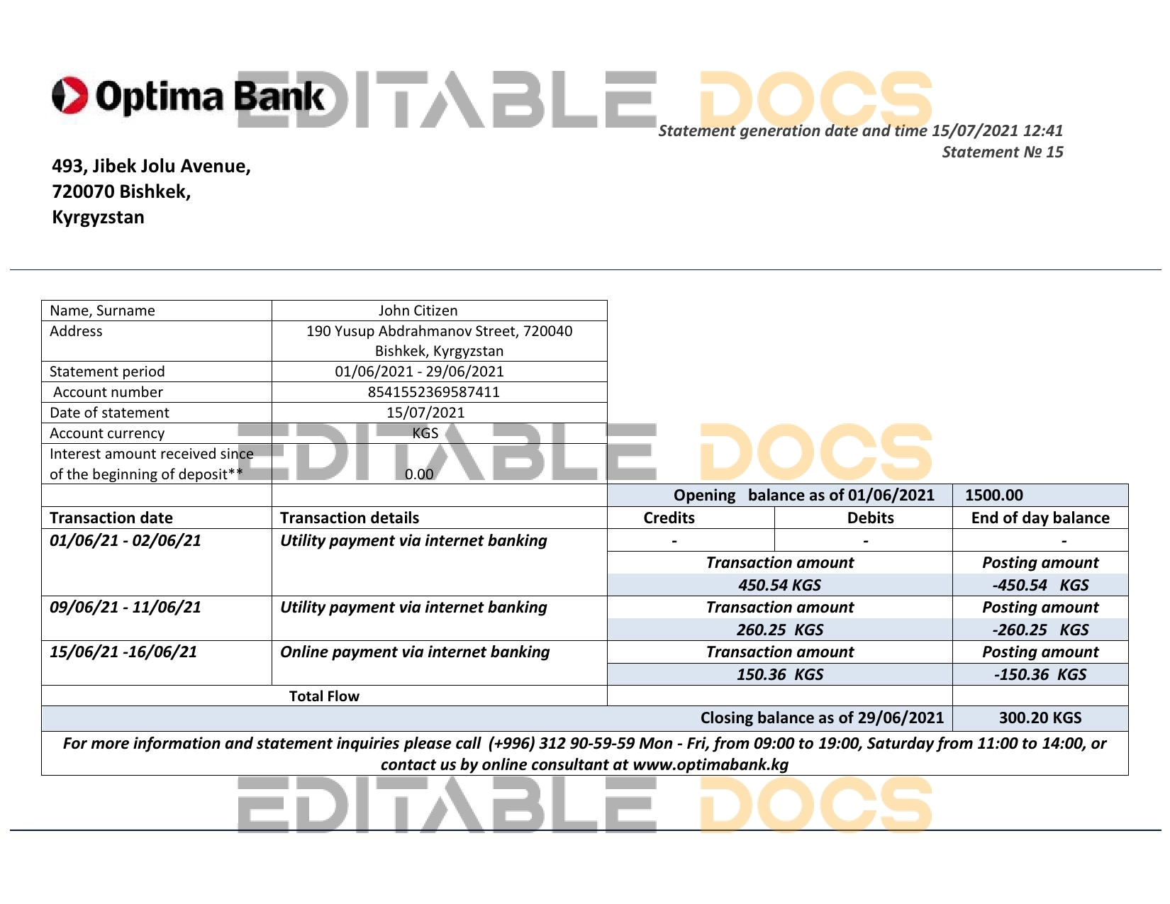 Kyrgyzstan Optima Bank statement template in Word and PDF format