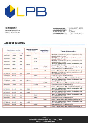 Latvia LPB bank statement template in Word and PDF format