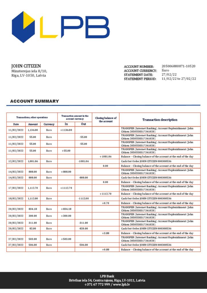 Latvia LPB bank statement template in Word and PDF format