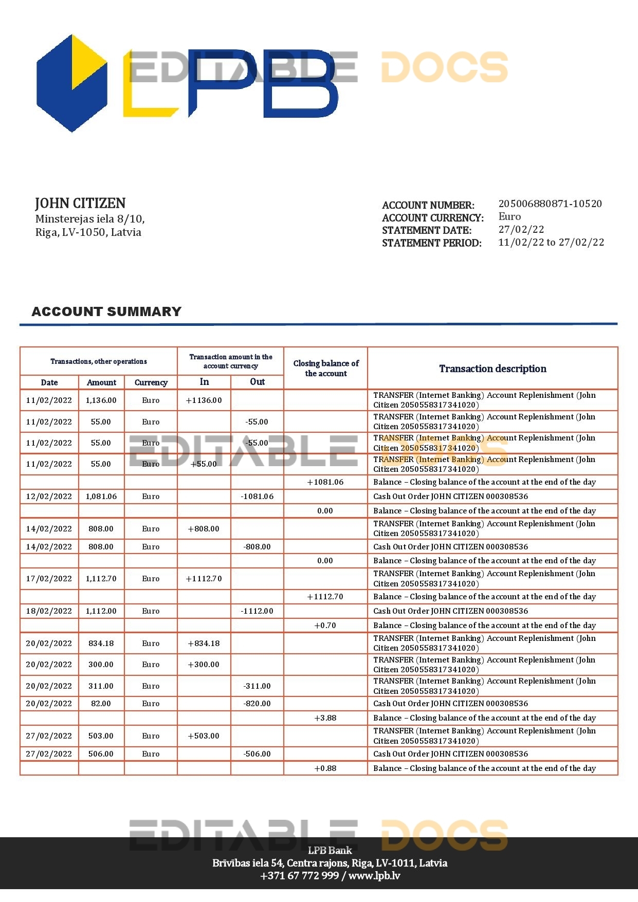 Latvia LPB bank statement template in Word and PDF format