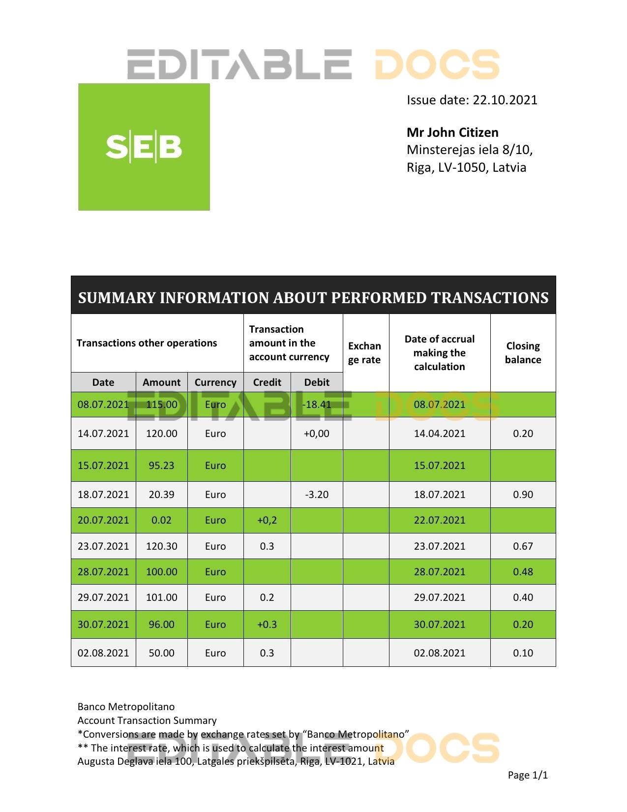 Latvia SEB Bank statement template in Word and PDF format