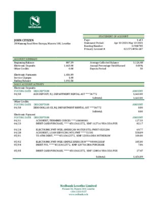 Lesotho Nedbank bank statement template in Word and PDF format