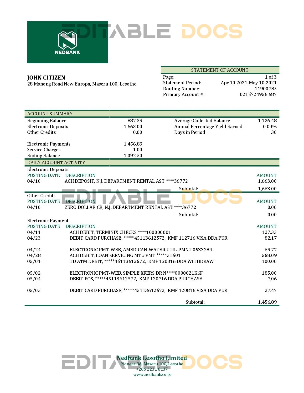 Lesotho Nedbank bank statement template in Word and PDF format