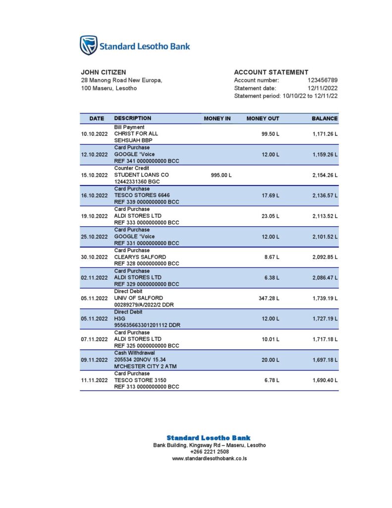 Lesotho Standard Lesotho Bank statement Excel and PDF template