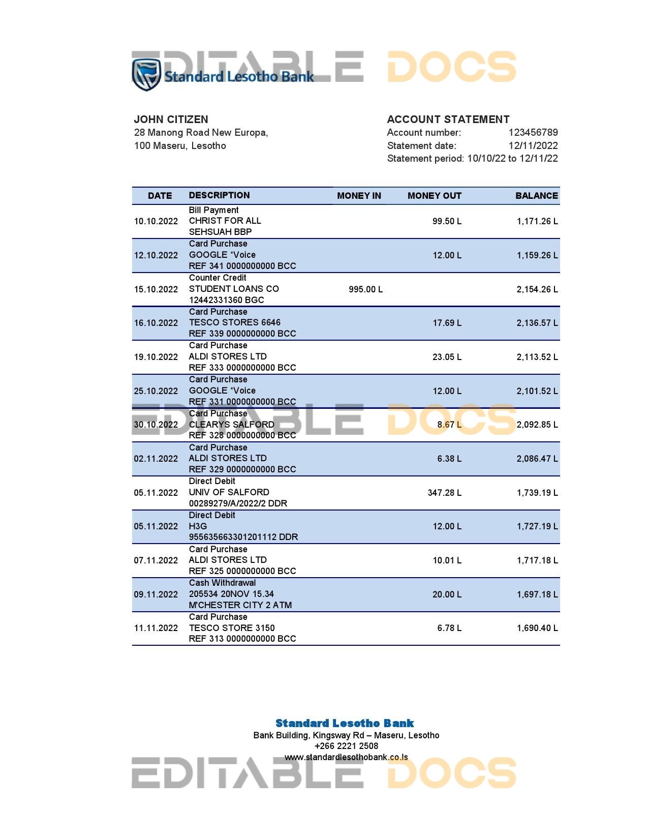 Lesotho Standard Lesotho Bank statement Excel and PDF template