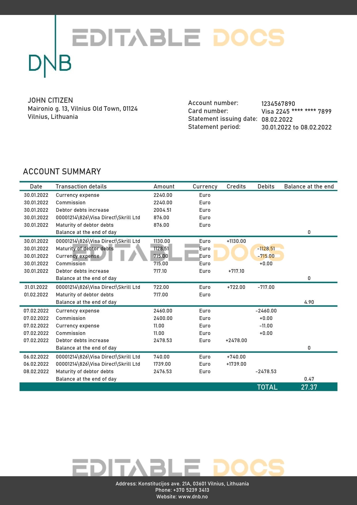 Lithuania (Litva) DNB bank statement template in Word and PDF format