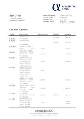 Luxembourg Advanzia bank proof of address statement template in Word and PDF format, .doc and .pdf format