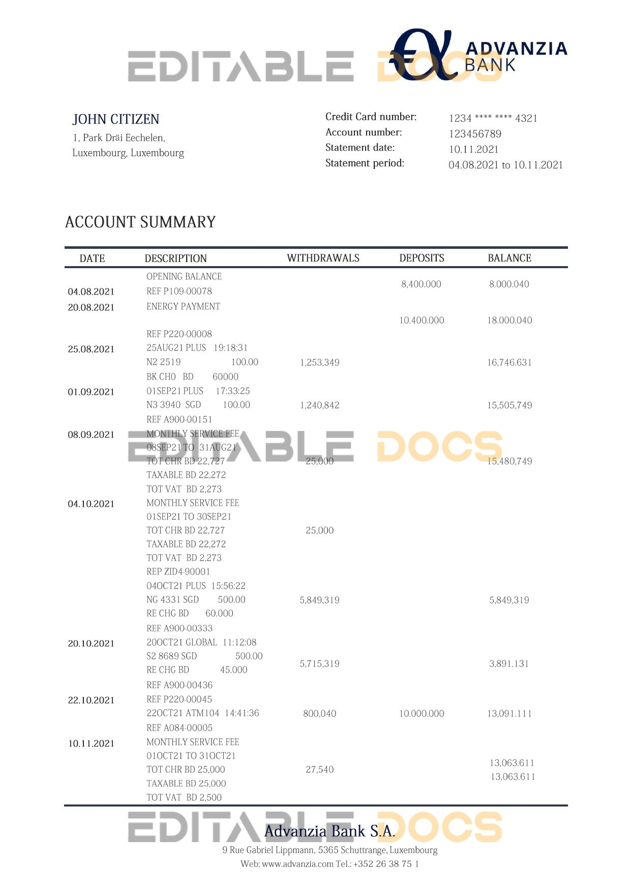 Luxembourg Advanzia bank proof of address statement template in Word and PDF format, .doc and .pdf format