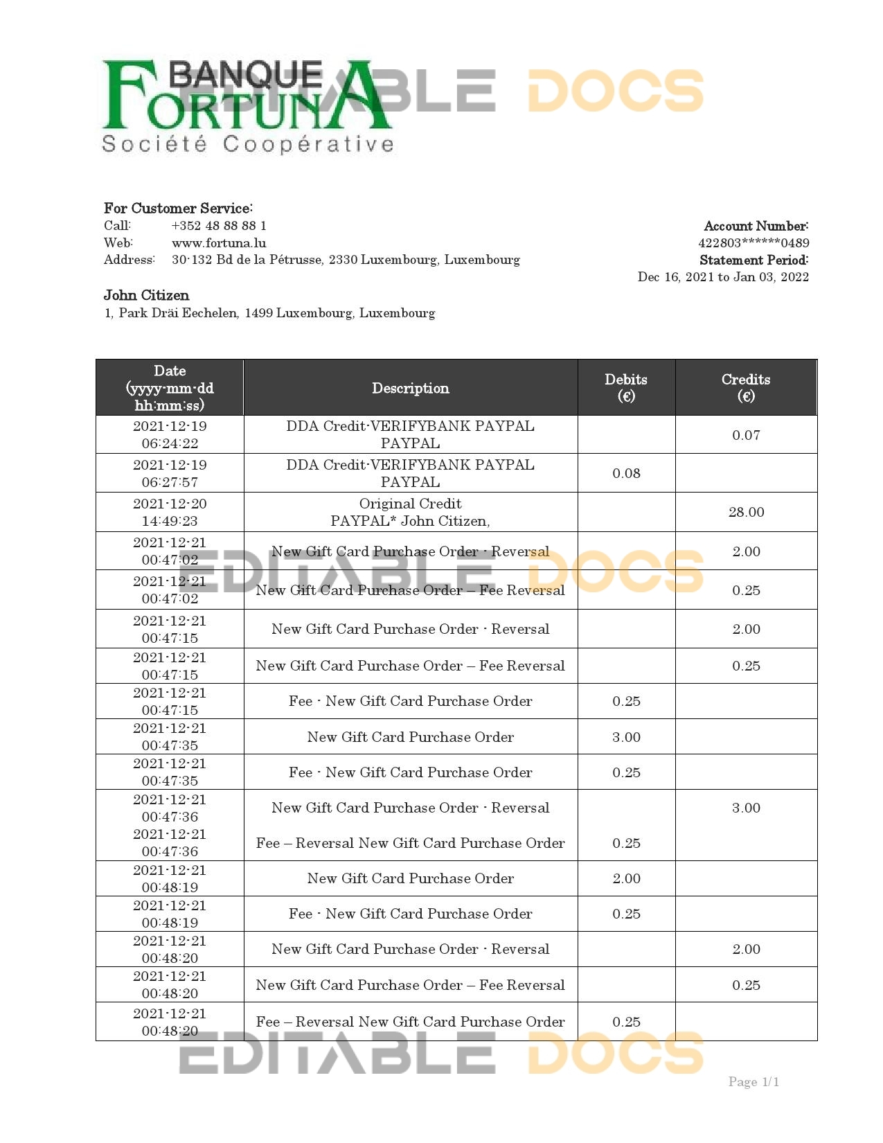 Luxembourg Fortuna Banque bank proof of address statement template in Word and PDF format, .doc and .pdf format
