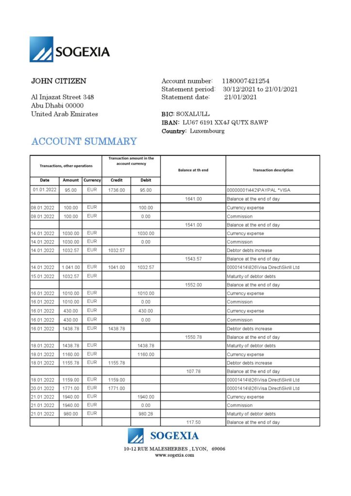 Luxembourg Sogexia Bank statement template in Excel and PDF format