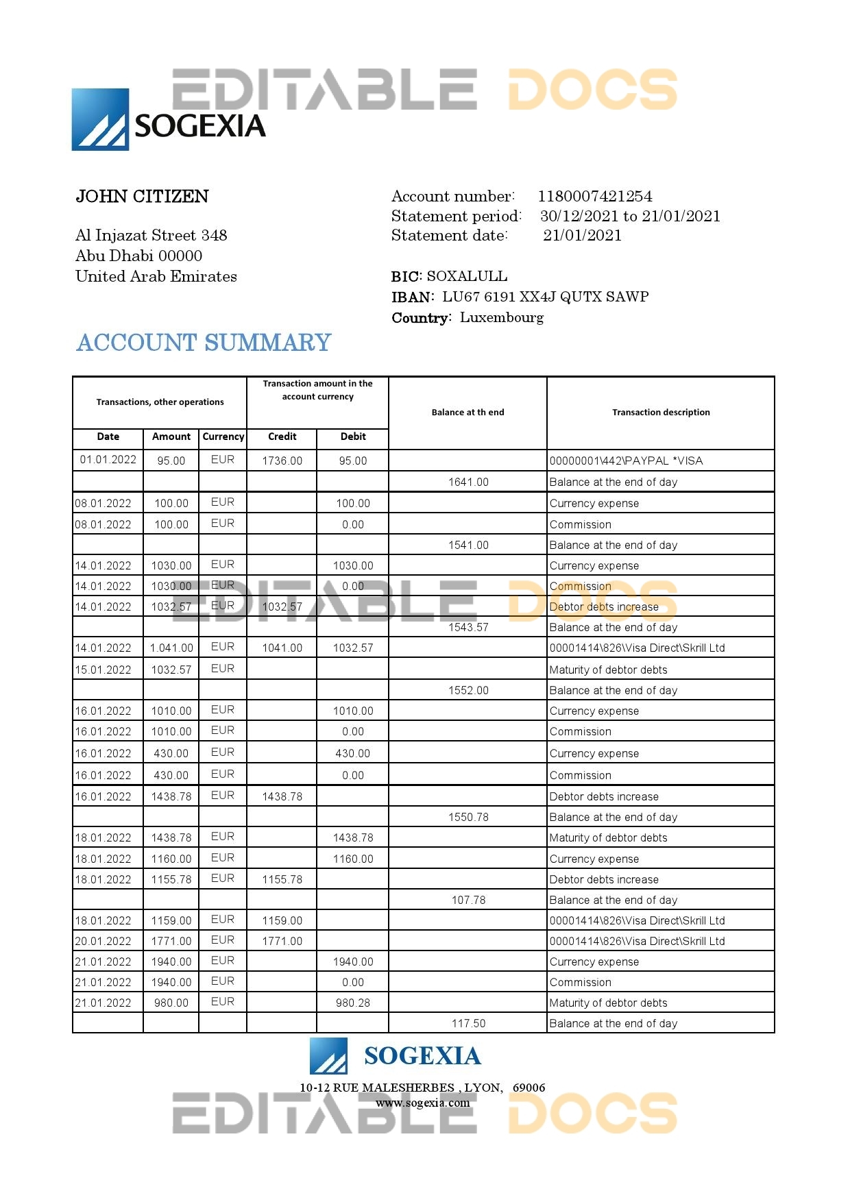 Luxembourg Sogexia Bank statement template in Excel and PDF format