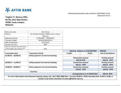Malaysia Affin bank statement template in Word and PDF format