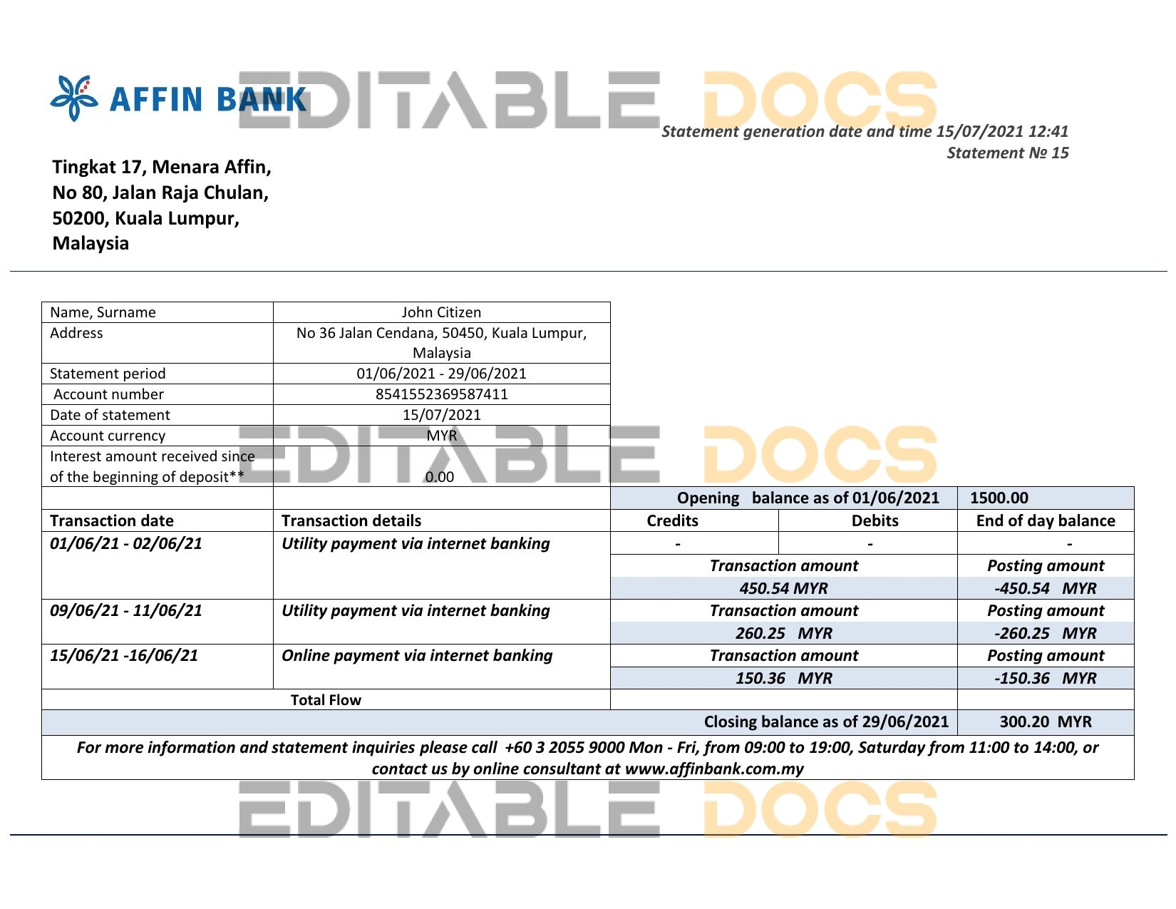 Malaysia Affin bank statement template in Word and PDF format