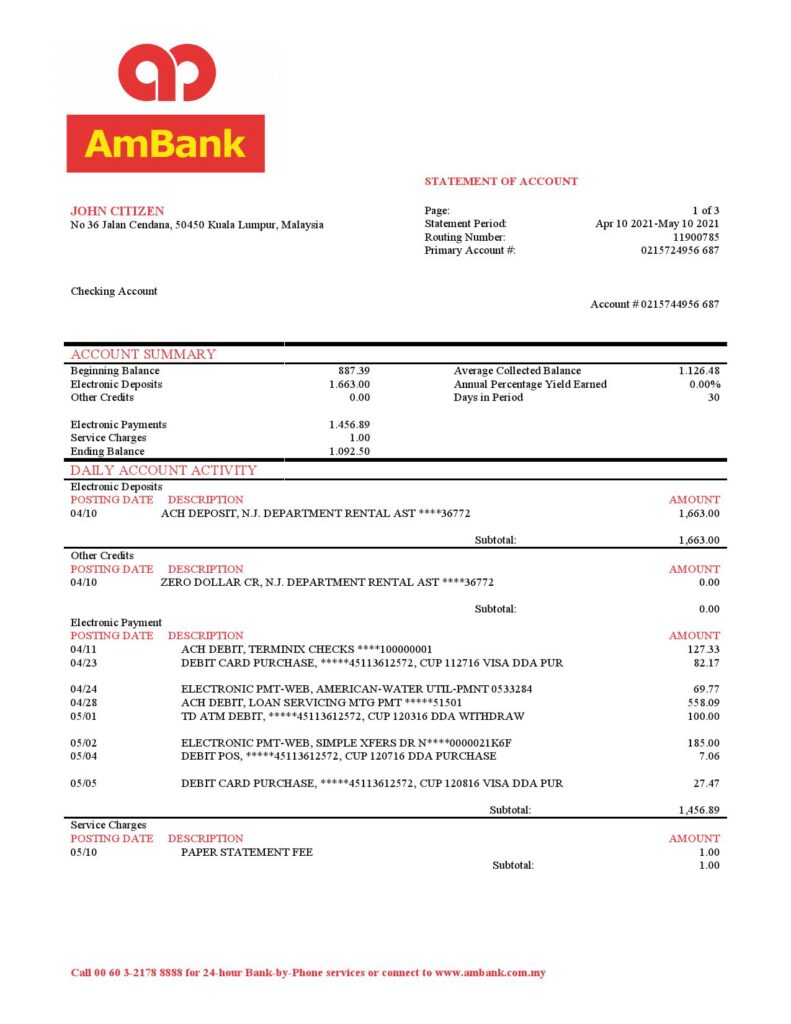 Malaysia AmBank bank statement template in Word and PDF format