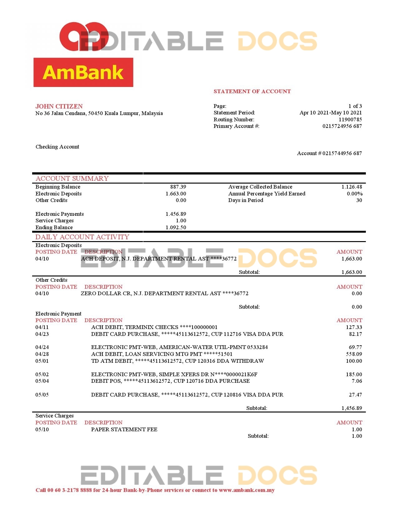 Malaysia AmBank bank statement template in Word and PDF format