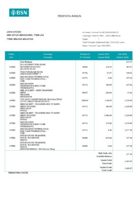 Malaysia BSN bank account statement (penyata akaun), Word and PDF template (in English and in Malay languages)