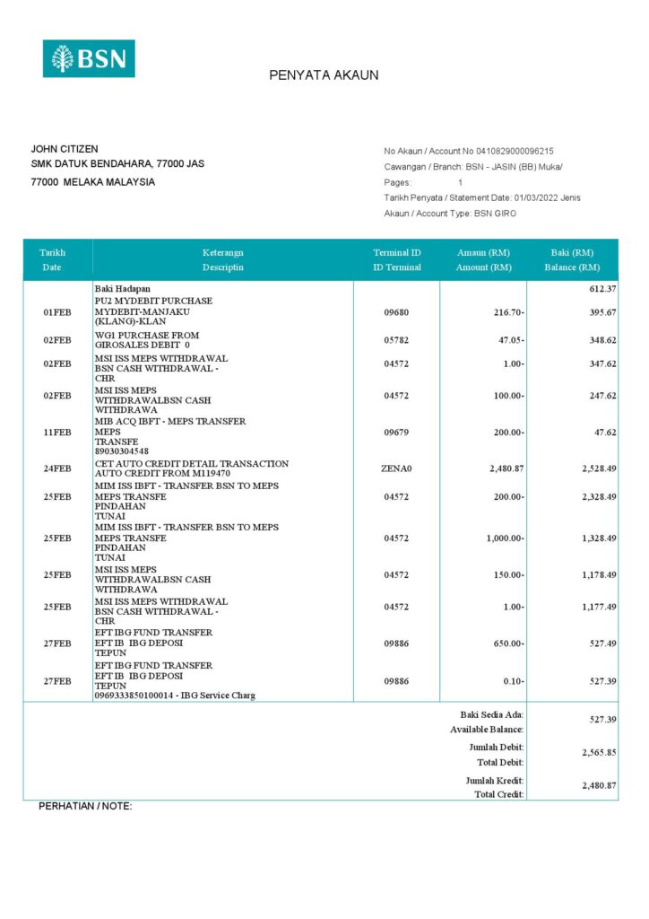 Malaysia BSN bank account statement (penyata akaun), Word and PDF template (in English and in Malay languages)