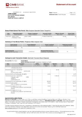 Malaysia CIMB bank statement Word and PDF template, 2 pages