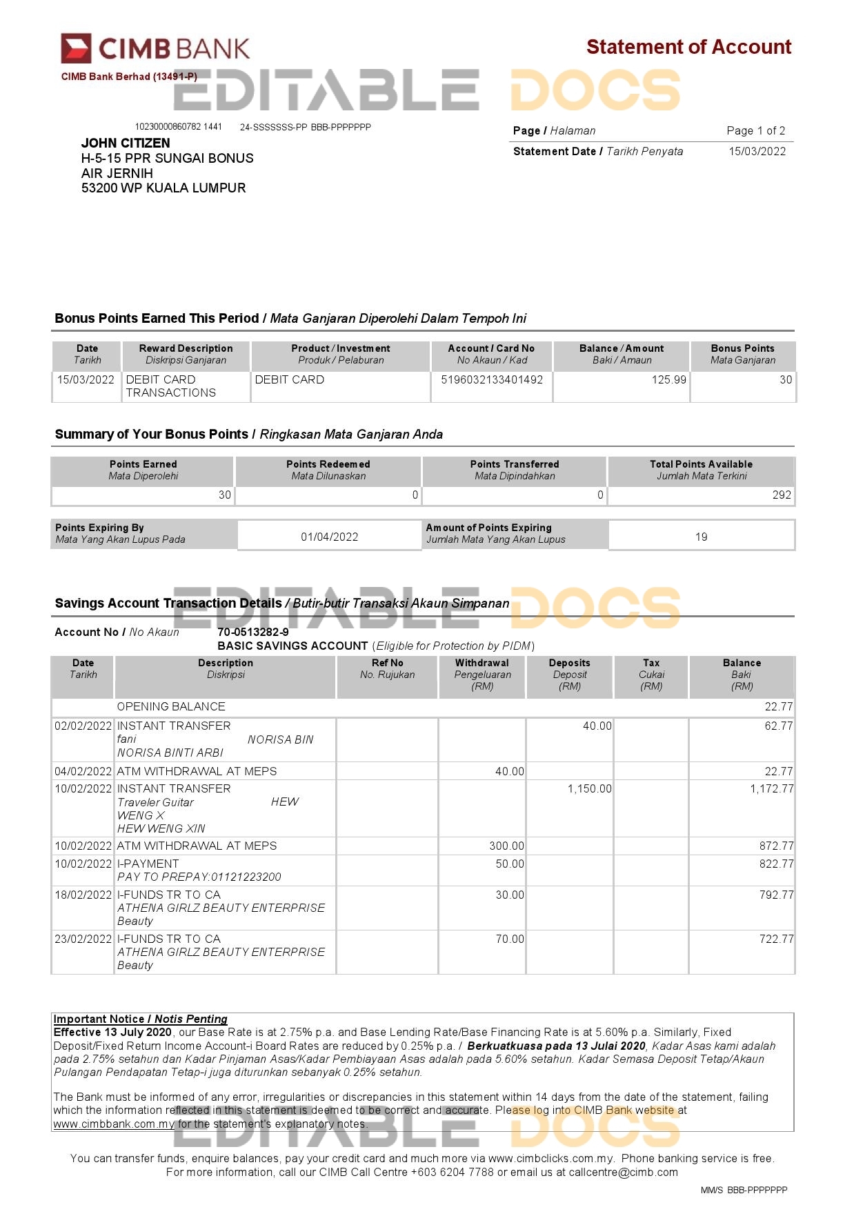 Malaysia CIMB bank statement Word and PDF template, 2 pages