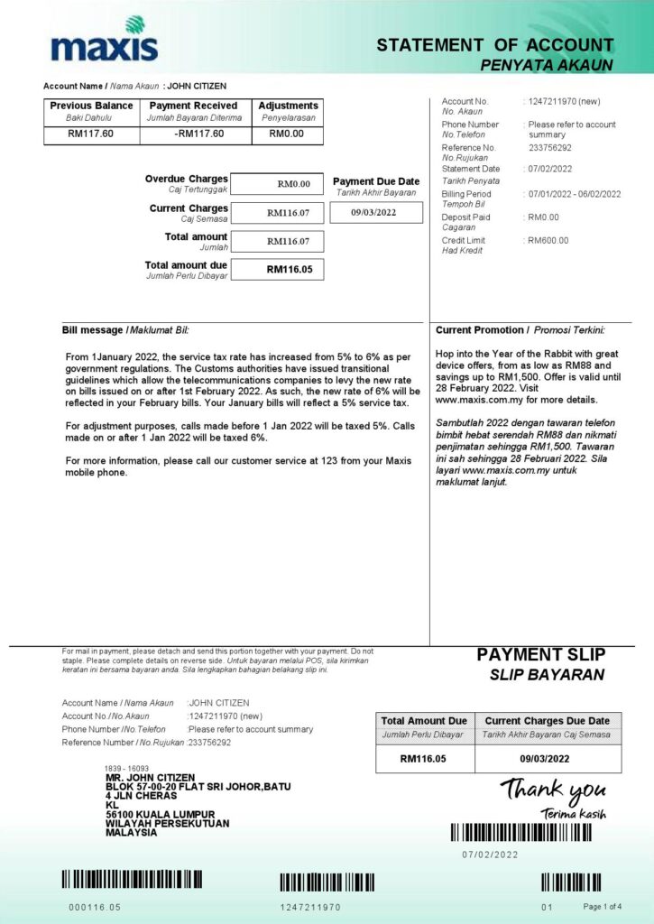 Malaysia Maxis bank statement, Word and PDF template, 5 pages