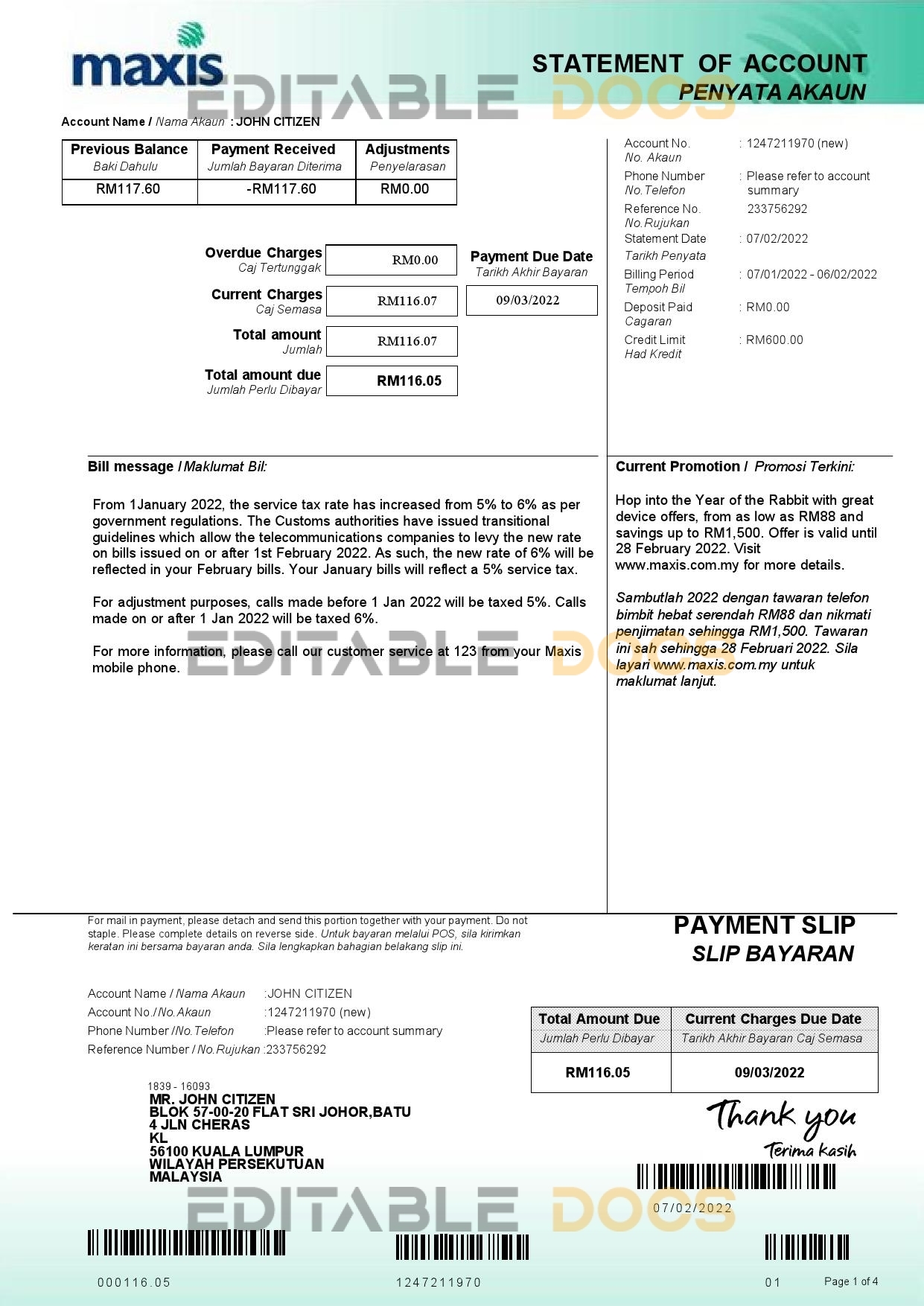 Malaysia Maxis bank statement, Word and PDF template, 5 pages
