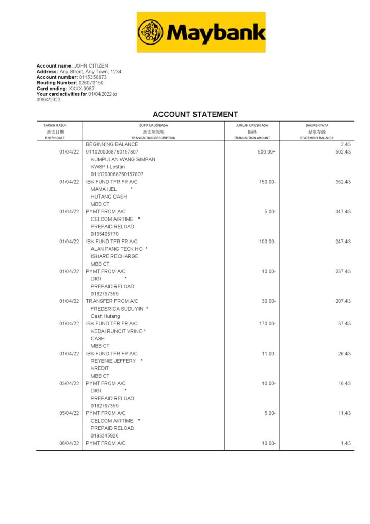 Malaysia Maybank bank statement Word and PDF template, 2 pages
