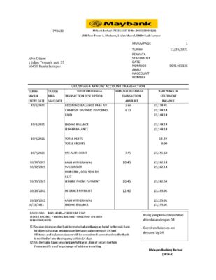 Malaysia Maybank bank statement easy to fill template in .xls and .pdf file format
