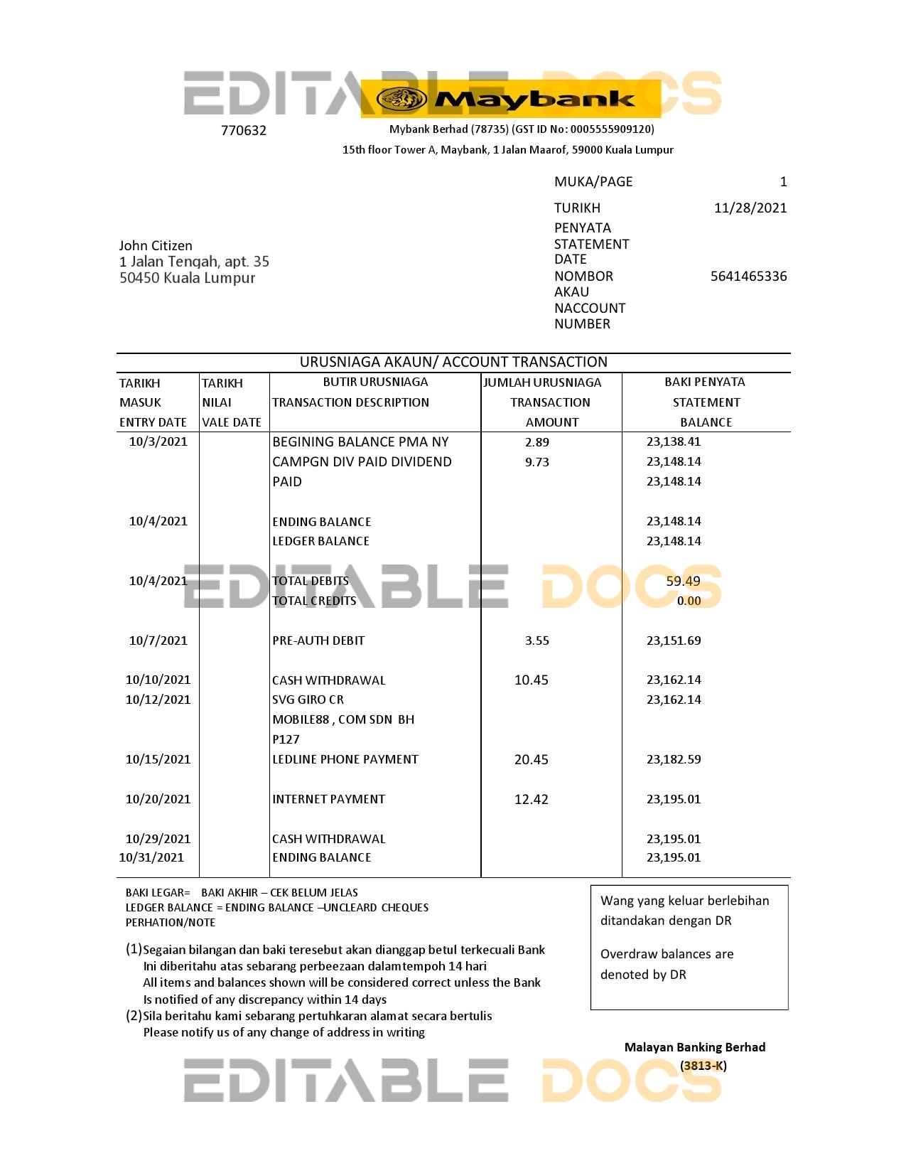 Malaysia Maybank bank statement easy to fill template in .xls and .pdf file format
