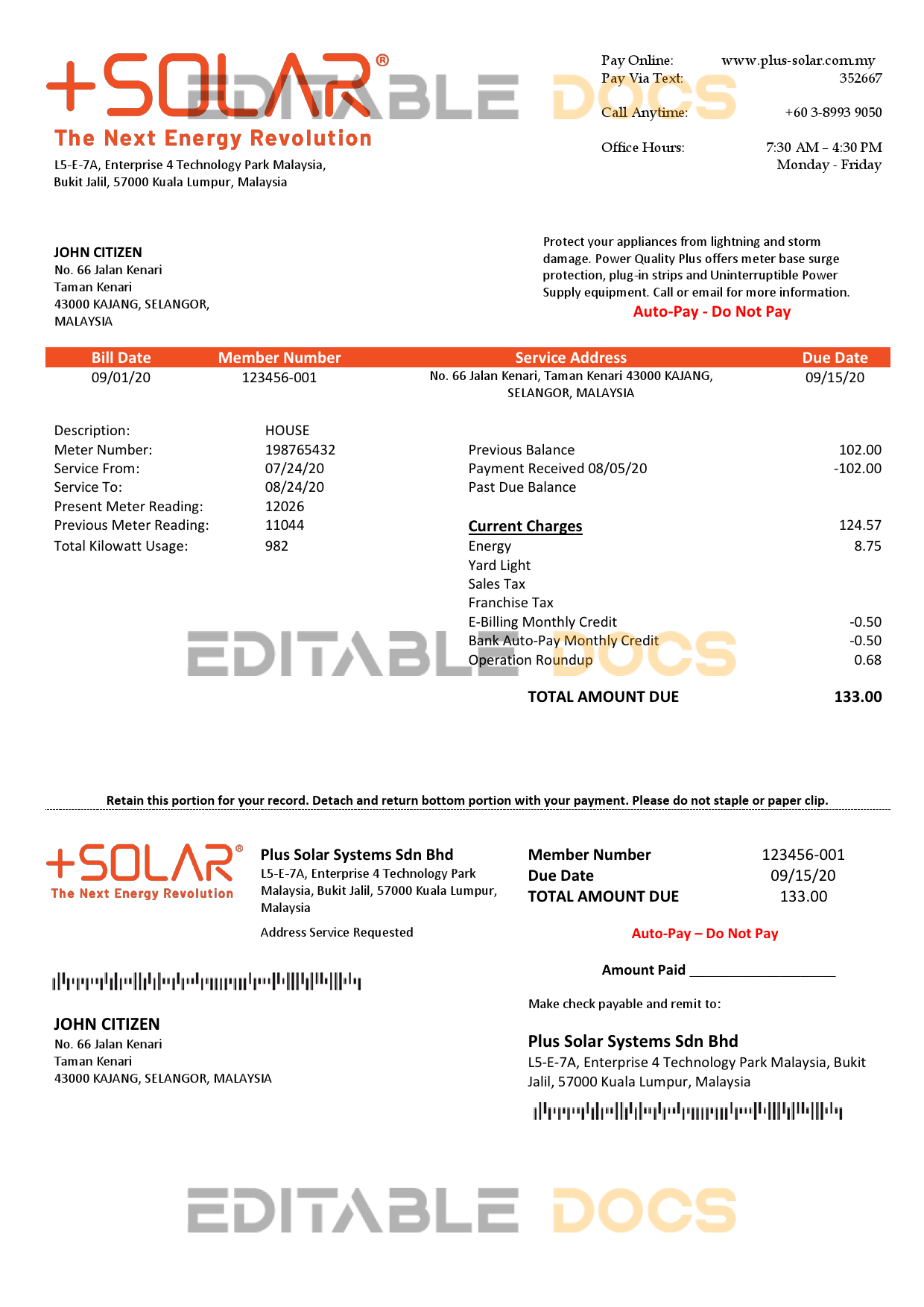 Malaysia Plus Solar Systems Sdn Bhd utility bill template in Word and PDF format