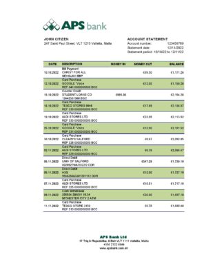 Malta APS bank statement Excel and PDF template