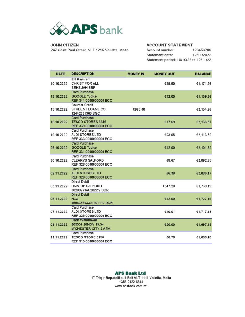 Malta APS bank statement Excel and PDF template