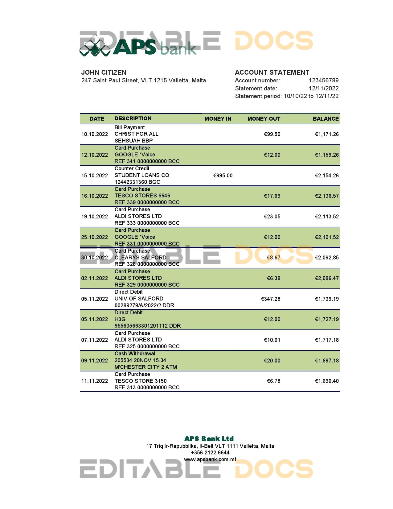 Malta APS bank statement Excel and PDF template