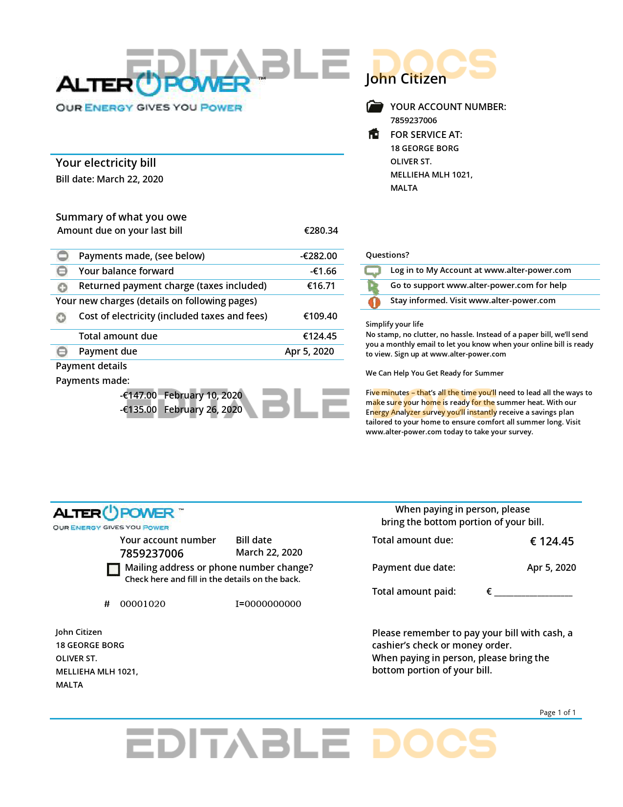 Malta AlterPower Malta proof of address utility bill template in Word and PDF format